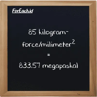 85 kilogram-force/milimeter<sup>2</sup> setara dengan 833.57 megapaskal (85 kgf/mm<sup>2</sup> setara dengan 833.57 MPa)